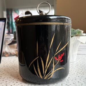 Black lacquer ice bucket and lid. Hand painted from Eaton’s. Classic mid-century
